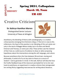 Colloquium for the Center for Theory on March 18, 2024 at Noon in UH 432. Dr. Kathryn Hamilton Warren will present a talk entitled "Creative Criticism."